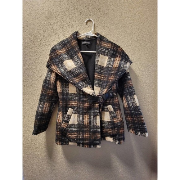 Ellen Reyes Womens SZ PS Brown Gray Plaid Fleece Shawl Collar Coat Soft Cozy - Picture 1 of 5